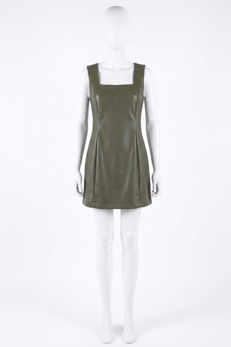 NEW MIOU MUSE square neck faux leather dress in olive